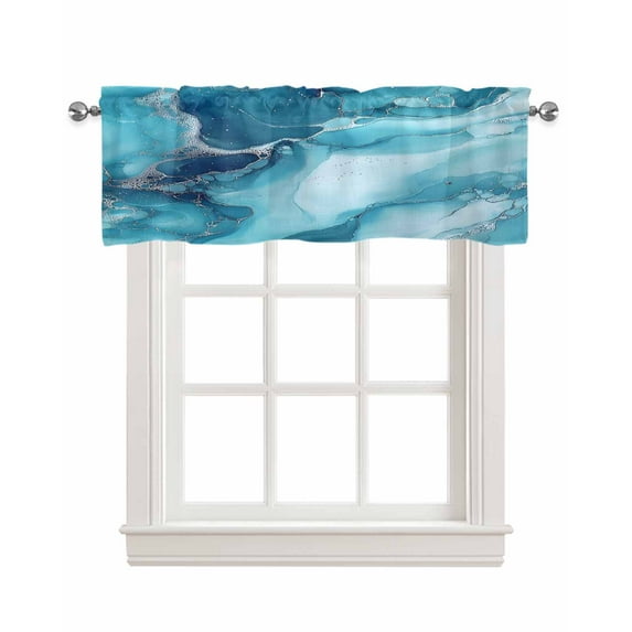 Marble Blue Teal Kitchen Valances for Windows Farmhouse Linen Window Valance Curtain for Living Room Window Treatment Modern Aesthetics Ink Painted Valance Rod Pocket Topper Drape, 42 x 18 Inch