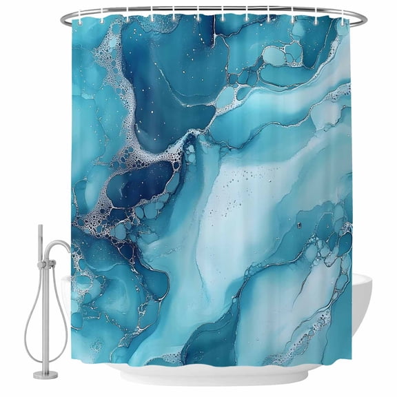Blue Teal Marble Shower Curtain Set - Long 72" x 84" Washable Bathtub Curtain with 12 Hooks, Aesthetics Modernism Abstract Waterproof Fabric Stall Shower Curtains for Bathroom/Bathtub Décor