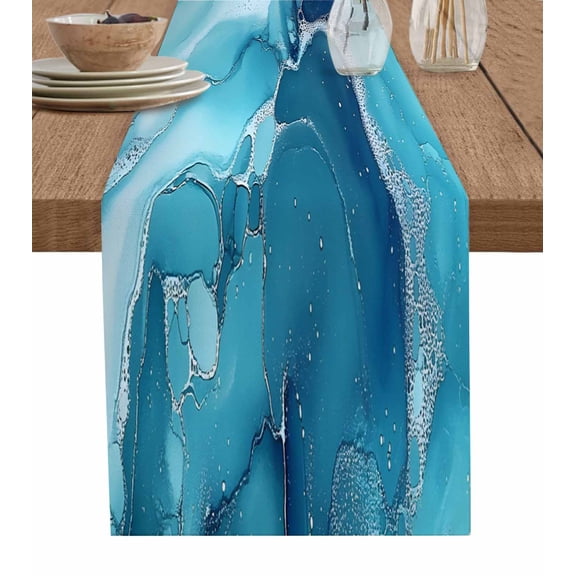 Marble Blue Teal Table Runner 72 Inches, Modern Aesthetics Ink Painted Bed Runner Dresser Scarves Tabletop for Indoor Outdoor Parties/Ceremony/Banquet, 14" x 72"