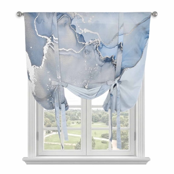 Marble Blue Tie Up Curtains for Windows, Adjustable Rod Pocket Valance Shade, Modern Abstract Ink Painting Luxury Light Filtering Window Treatment for Kitchen Bedroom Living Room 34"x 45"