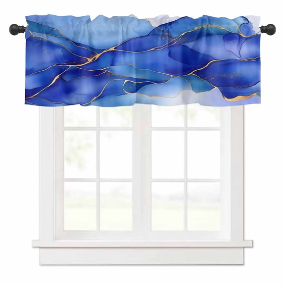 Marble Blue Valances for Windows Liquid Gold Foil Glitter Wavy Rock Stone Rod Pocket Curtain Valance Window Treatment Short Curtains for Kitchen Living Room, 60"x14"