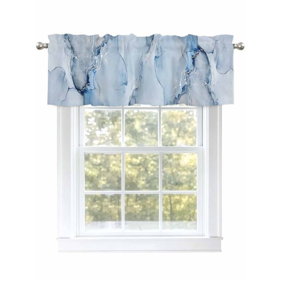 Marble Blue Valances for Windows, Rod Pocket Kitchen Valance Curtains - Soft & Washable Small Window Treatment for Living Room, Bathroom, Abstract Fluid Art, 54x18inch