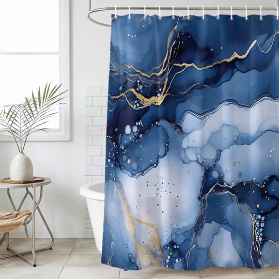 Marble Blue Waterproof Shower Curtain, Stall 36"x72" Washable Polyester Fabric Shower Curtains for Bathroom, Modern Gradient Gold Waves Nature Cracked Decorative Bathtub Curtain Sets with Hooks