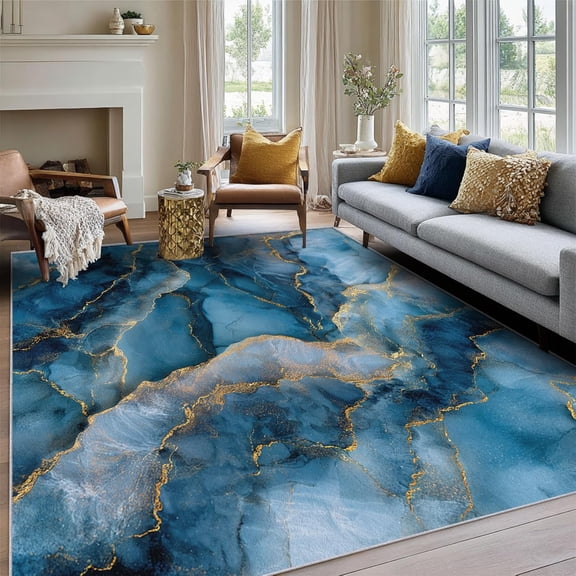 Marble Blue Wave Area Rug, Modern Abstract Design Carpet, Washable Non Slip Soft Low Pile, Living Room Bedroom Kitchen Office Mat 2x3ft