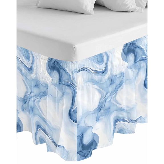 Marble Blue Wrap Around Bed Skirts for Queen Bed 16" Drop,Bed Skirt with Adjustable Elastic Belt Dust Ruffle Bed Valance for Bedroom Hotel Abstract Modern Minimalist Solid Ombre Bed Frame Cover