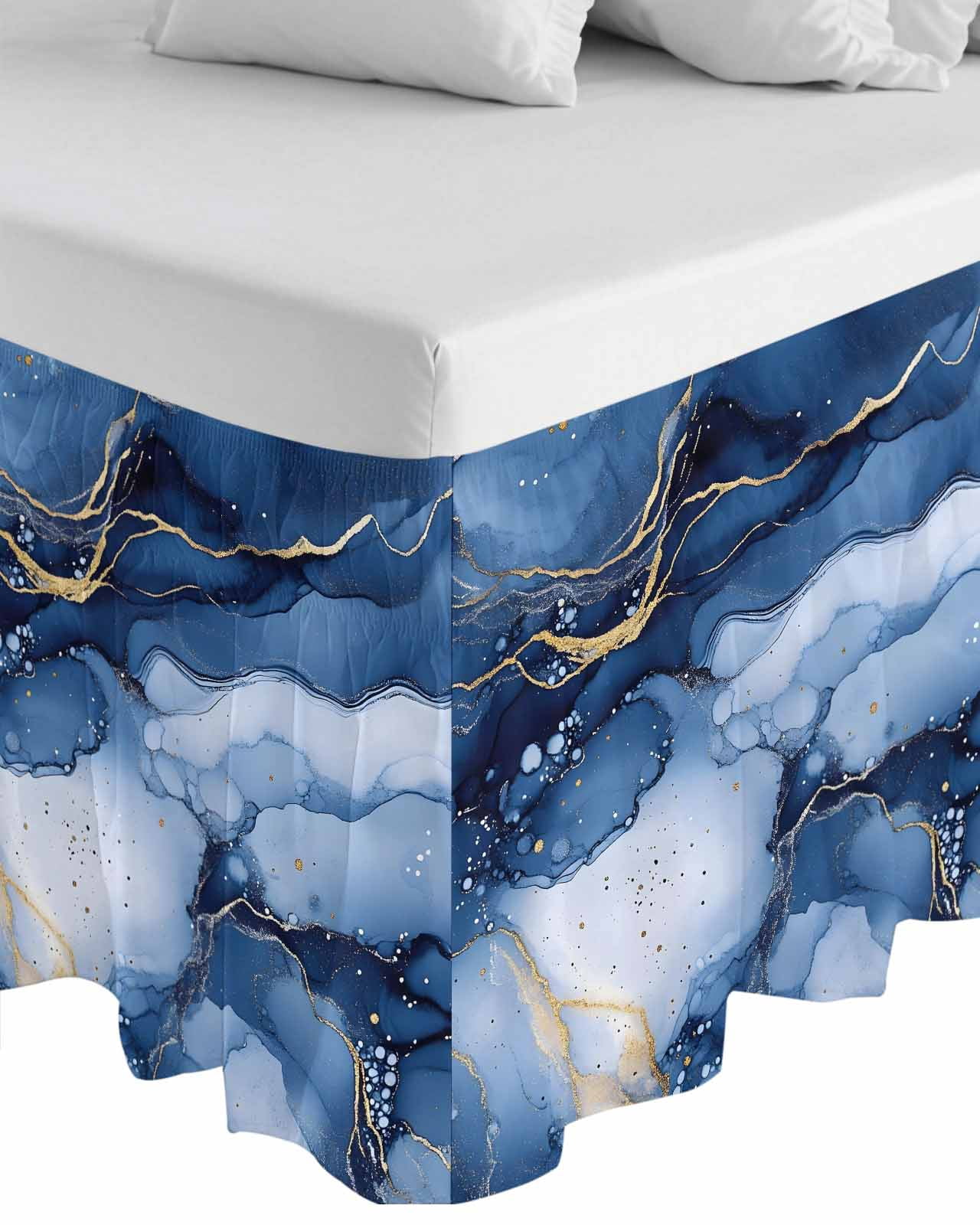 Marble Blue Wrap Around Bed Skirts for Queen Bed 16" Drop,Bed Skirt with Adjustable Elastic Belt Dust Ruffle Bed Valance for Bedroom Hotel Modern Gradient Gold Waves Nature Cracked Bed Frame Cover