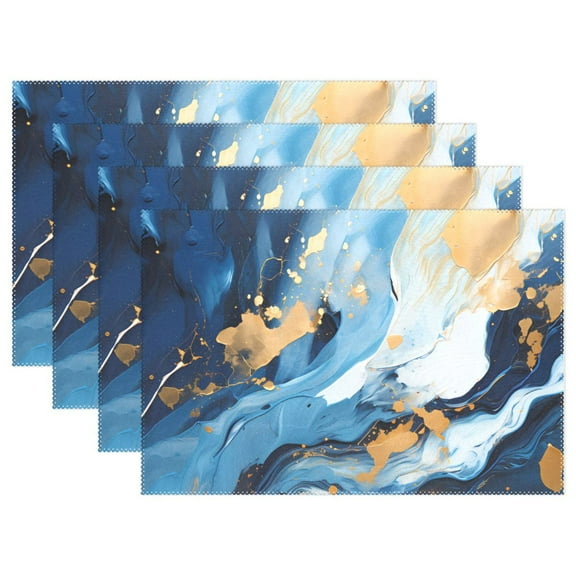 Marble Blue and Gold 4 PCs Placemats Set Linen Non-Slip Table Mat Rectangular Washable for Dining Kitchen Party 12"x18"