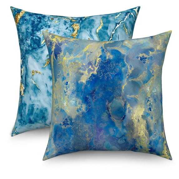 Marble Blue and Gold Pillow Covers Set of 2,Marble Blue and Gold Decor,Abstract Modern Home Decor,16"x16" Inch