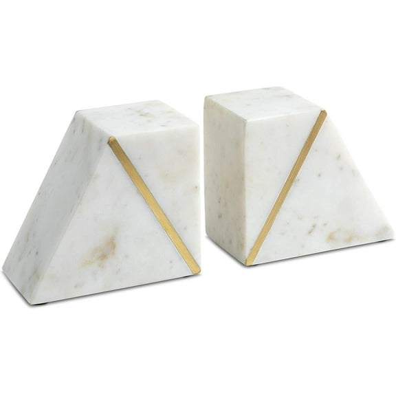 Marble Book Ends for Shelves, Decorative Bookends for Heavy Books, Unique Mid Century Modern White and Gold Bookends with Brass Inlay, Heavy Duty Bookshelf Stopper, Set of 2