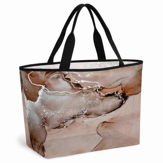Marble Brown Beach Bag for Women, Large Breathable Mesh Beach Tote Bag, Modern Abstract Ink Painting Luxury Sandproof Lightweight Travel Bags for Vacation Picnic Swimming Pool 15.7"x15.7"x9.1"