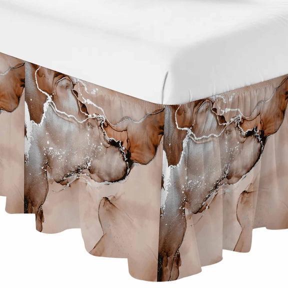 Marble Brown Bed Skirt Queen Size 16 Inch Drop, Adjustable & Elastic Wrap Around Bed Skirts Pleated Luxury Dust Ruffles For Twin Full Queen Cal King Base Beds, Modern Abstract Ink Painting Luxury