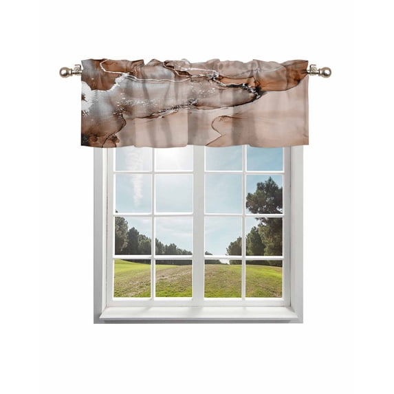 Marble Brown Curtain Valance for Windows/Living Room/Kitchen/Bathroom/Café, Short Rod Pocket Tier Curtain Window Treatment Panel Modern Abstract Ink Painting Luxury Topper Curtain 60''x18''