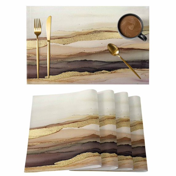 Marble Brown Gold Placemats Set of 4, Cotton Linen Fabric Place Mats, Abstract Watercolor Geometric Rock Washable Decorative Table Mats Protector for Home Kitchen Dining Wedding Party Coffee Tables