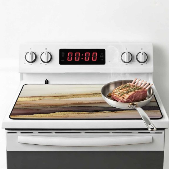 Marble Brown Gold Stove Top Cover for Electric Stove, Heat-proof & Non Slip Glass Top Stove Cover Protector, Abstract Watercolor Geometric Rock Kitchen Flat Cooktop Rubber Mat 28.5x20.5 Inches