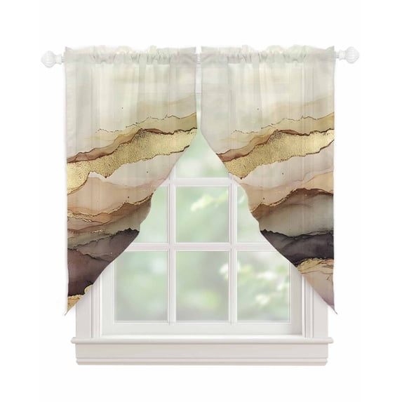 Marble Brown Gold Swag Valances for Windows, Abstract Watercolor Geometric Rock Rod Pocket Sheer Valances for Large Windows, Swag Toppers Light Filtering for Kitchen Living Room 2 Panels 36''x63''