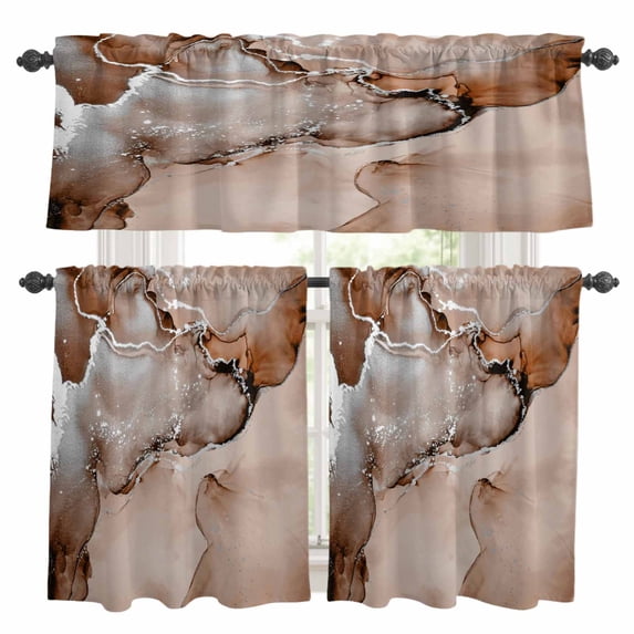 Marble Brown Kitchen Curtains Sets for Windows 24 Inch Length, Modern Abstract Ink Painting Luxury Rod Pocket Window Treatments Tier Curtains and Valances Set for Bedroom/Bathroom
