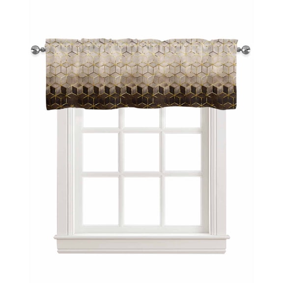 Marble Brown Linen Curtain Valance for Bedroom/Bathroom/Kitchen/Office/Living/Dining Room Windows, Vintage Black Golden Geometric Art Pocket Topper Drapes Decorative Cafe Drapery Panel 60"x18"