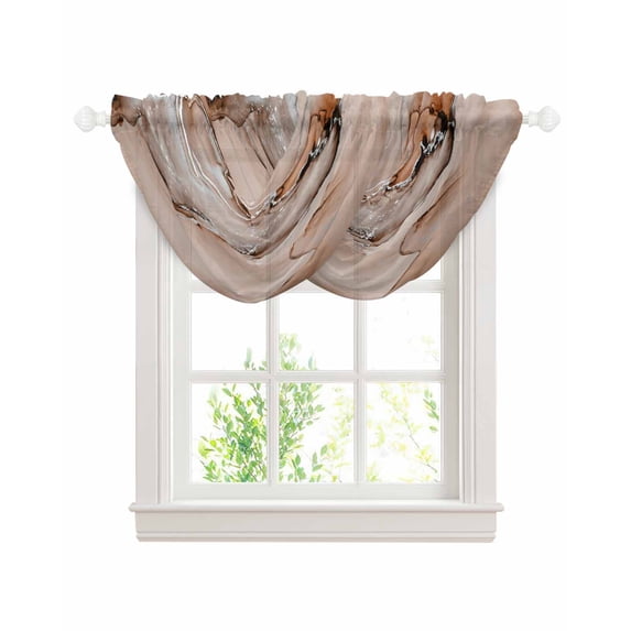 Marble Brown Sheer Waterfall Valance Curtains for Window, Modern Abstract Ink Painting Luxury Rod Pocket Sheer Topper Swag Curtains for Living Room, Kitchen 38.5"W x 47.2"L, 2 Panels