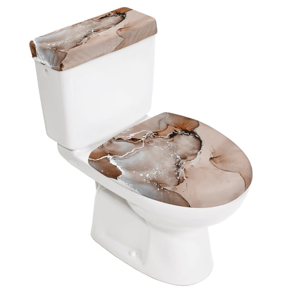 Marble Brown Toilet Lid Cover and Tank Cover Set, Marble Brown 2pc Stretch Toilet Lid Seat Covers for Bathroom Washable Protector with Elastic Edge for Standard & Elongated Toilets