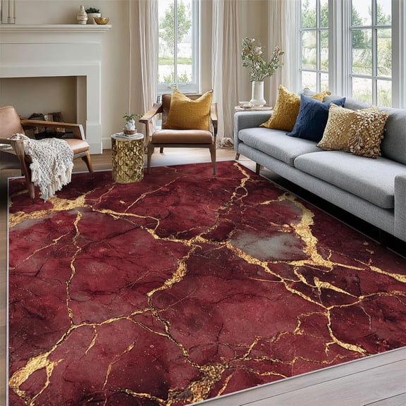 Marble Burgundy Gold Area Rug, Modern Design Carpet, Washable Non Slip Soft Low Pile, Living Room Bedroom Kitchen Office Mat 3x4ft