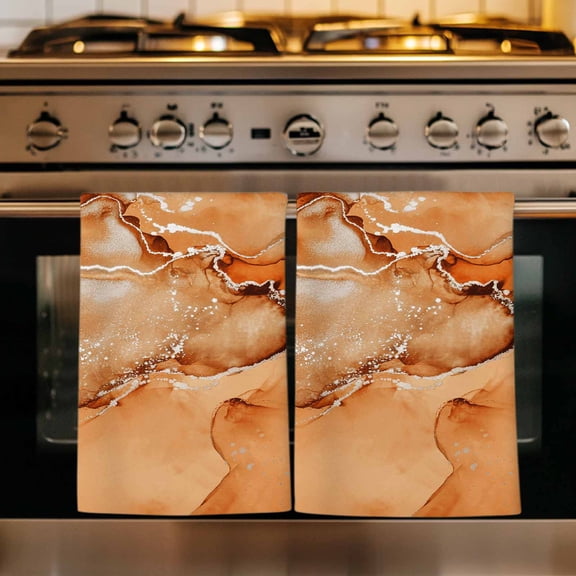 Marble Burnt Orange Kitchen Towels Set of 1, Modern Abstract Ink Painting Luxury Absorbent Dish Towels for Kitchen, Microfiber Hand Towel, Quick Drying Tea Towel for Cleaning Decorative Dishcloths