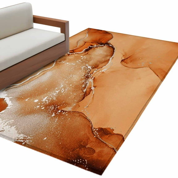 Marble Burnt Orange Living Room Rug 4x6 Washable Area Rug for Bedroom, Non-Slip Dining Room Rugs Modern Abstract Ink Painting Luxury Indoor Carpet for Kitchen Entryway Office Nursery Laundry