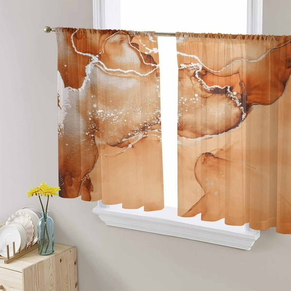 Marble Burnt Orange Semi Sheer Curtains 54 Inch Length 2 Panels Set, Modern Abstract Ink Painting Luxury Sheer Kitchen Curtain Privacy Voile Window Curtain for Living Room Bedroom Rod Pocket Drapes
