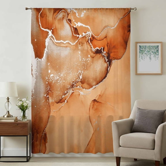 Marble Burnt Orange Sheer Curtains 54 Inches Long, Modern Abstract Ink Painting Luxury Light Filering Curtains, Breathable Simi Curtain Privacy Drapes for Kitchen Bathroom Small Window Treatment