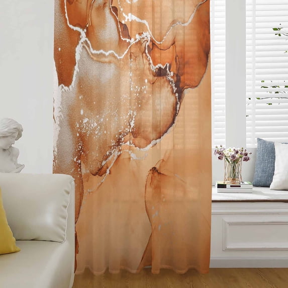 Marble Burnt Orange Sheer Curtains 72 Inch Length, Light Filtering Voile Curtain Panel, Modern Abstract Ink Painting Luxury Rod Pocket Drapes Window Treatments for Living Room Bedroom 52"x72"