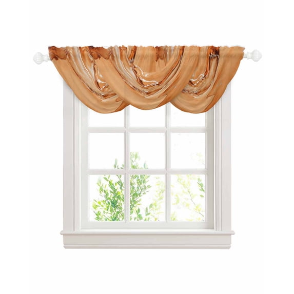 Marble Burnt Orange Sheer Waterfall Valance Curtains for Window, Modern Abstract Ink Painting Luxury Rod Pocket Sheer Topper Swag Curtains for Living Room, Kitchen 38.5"W x 47.2"L, 3 Panels