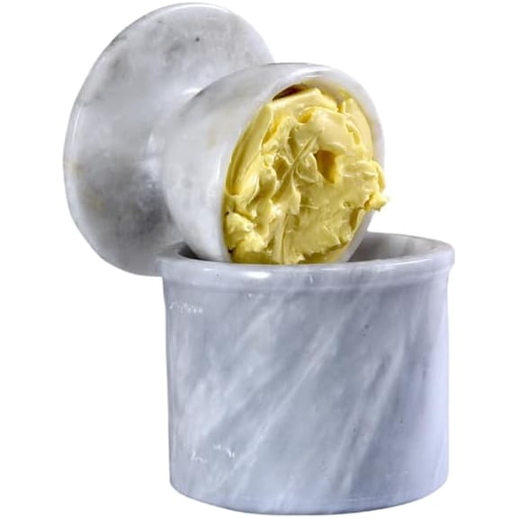 WHAHZZZ White Marble Butter Keeper Crock with Lid  4.25 Inch Natural Stone Butter Dish Container for Kitchen Counter, Decorative Butter Storage for Home