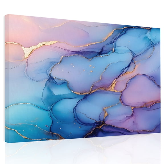 Marble Canvas Print Wall Art, Abstract Art Purple Blue Gradient Cave Rock Golden Lines Wall Decor Modern Artwork Paintings Pictures for Living Room Framed and Stretched Ready to Hang, 24" x 32"