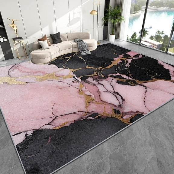 Marble Carpet for Living Room Rugs, Pink Black and Gold Marble Abstract Luxury Modern Area Rug, Soft Low Pile Carpets, Washable Non Slip Mats for Home Decor 2x3ft Small