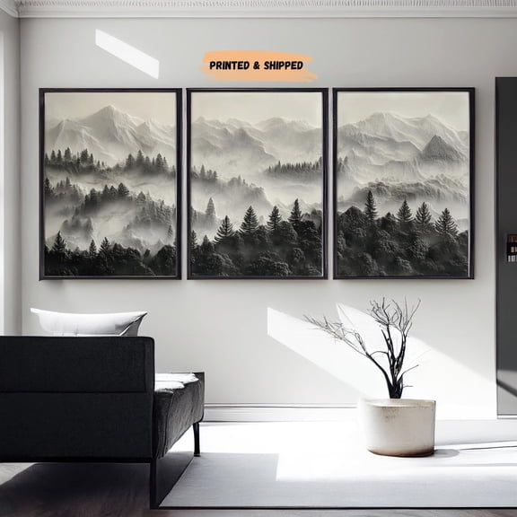 Marble Carved Forest Landscape Wall Art Home Decor Office Wall Art Living Room Decor, Paper Poster Only Set 3