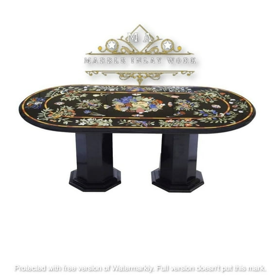 Marble Center Table, Dining Table, and Patio Table - Elegant Living Room Furniture with Pietra Dura Art and Mughal-Inspired Black Marble Inlay-26x52 Inch