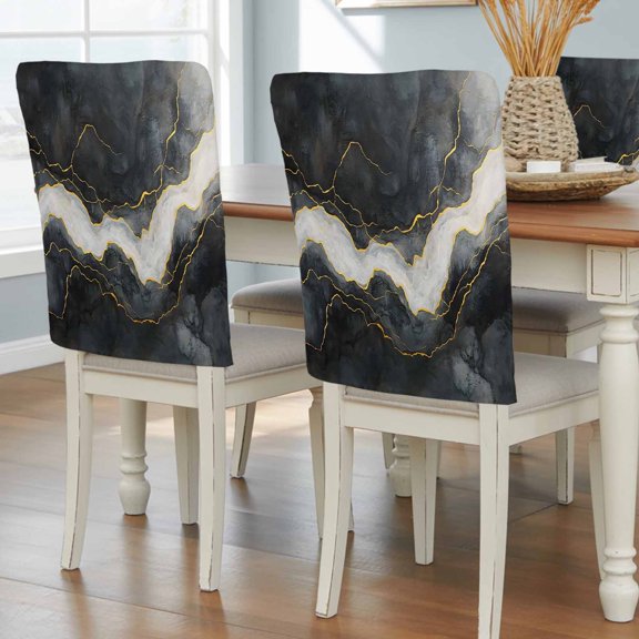 Marble Chair Back Covers, Black Grey Modern Luxury Gold Removable Chair Covers for Dining Chairs Set of 4, Washable Chairs Slipcovers Back Seat Protector for Wedding Party 19"x20"