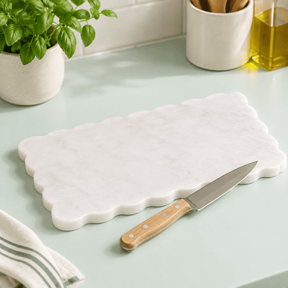Marble Charcuterie and Chopping Board with Scalloped Edge, 14.06 x 7.56 x 2.28 in
