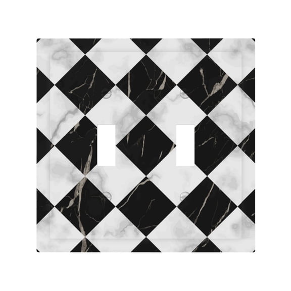 Marble Check Diagonal Black White 2 Gang Switch Wall Plate Decorative Double Toggle Cover with 4 Painted Screws for Home & Commercial Use