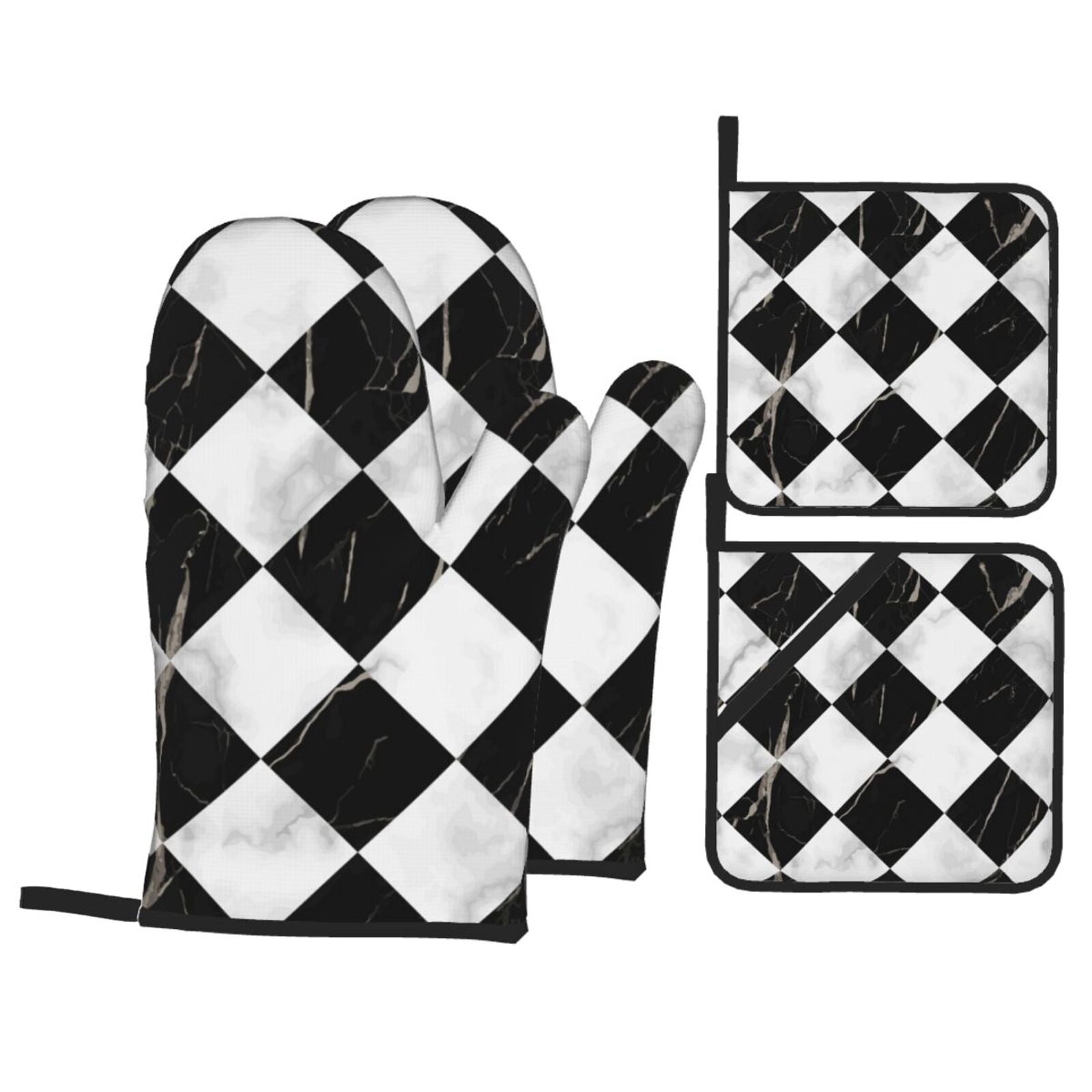 Marble Check Diagonal Black White 4Pcs Oven Mitts and Pot Holders Sets Oven Kitchen Gloves Hot Pads for Cooking BBQ Baking Grilling