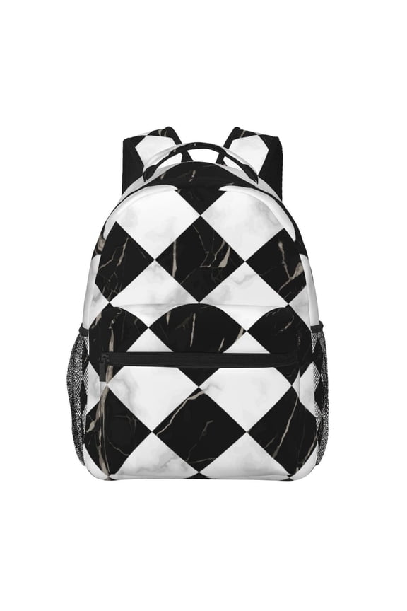 Marble Check Diagonal Black White Backpack Casual College Bag Zipper Laptop Daypack Hiking Rucksack Travel
