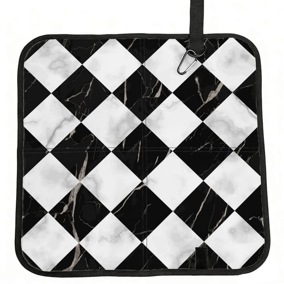 Marble Check Diagonal Black White Foldable Seat Cushion for Bleachers, Stadium Seats, Camping & Outdoor Events, Portable Lightweight Pad with Carabiner