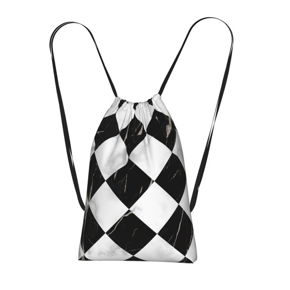 Marble Check Diagonal Black White Packable Drawstring Backpack, Lightweight Foldable Cinch Storage Bag for Gym Travel Shopping