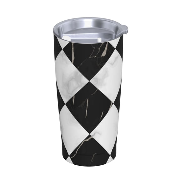 Marble Check Diagonal Black White Stainless Steel Tumbler with Lid and Straw 20oz Vacuum Insulated Travel Mug for Hot & Cold Drinks Coffee Wine Water Cup