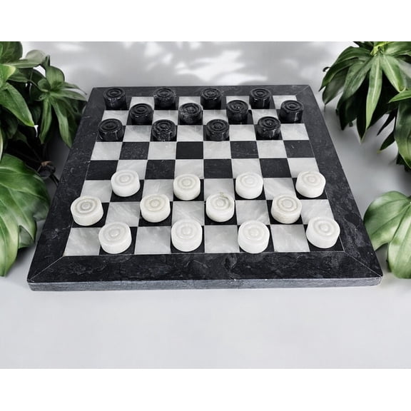 Marble Checkers Set, Black & White, 12" stone checkers board, Checkers pieces