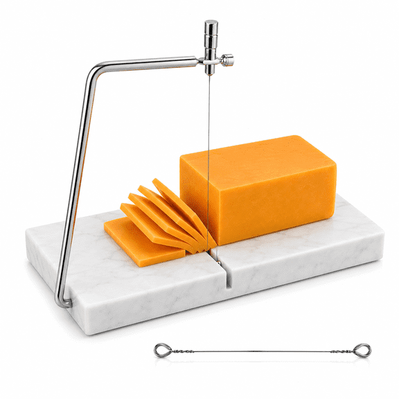 Marble Cheese Slicer Board with Wire Cutter, 5" x 8" Engineered Marble Cheese Cutting Board, 304 Stainless Steel Wire, Extra Replacement Wire Included, Non-Slip Base