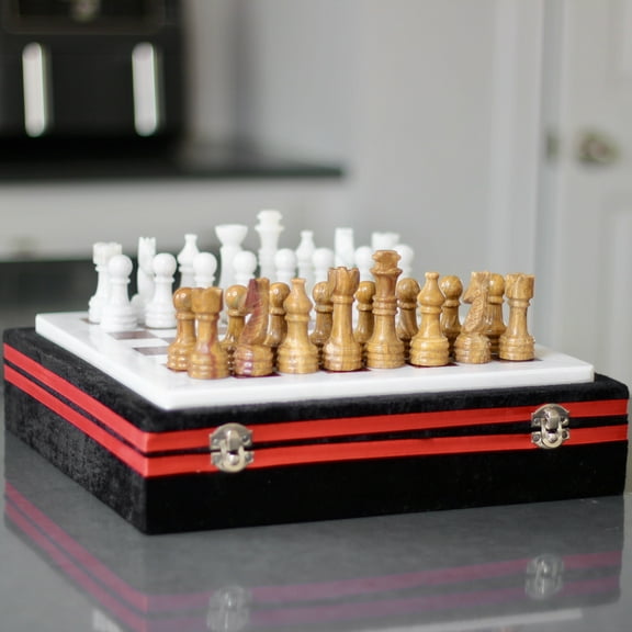Marble Chess Set with Storage Case - Brown and White