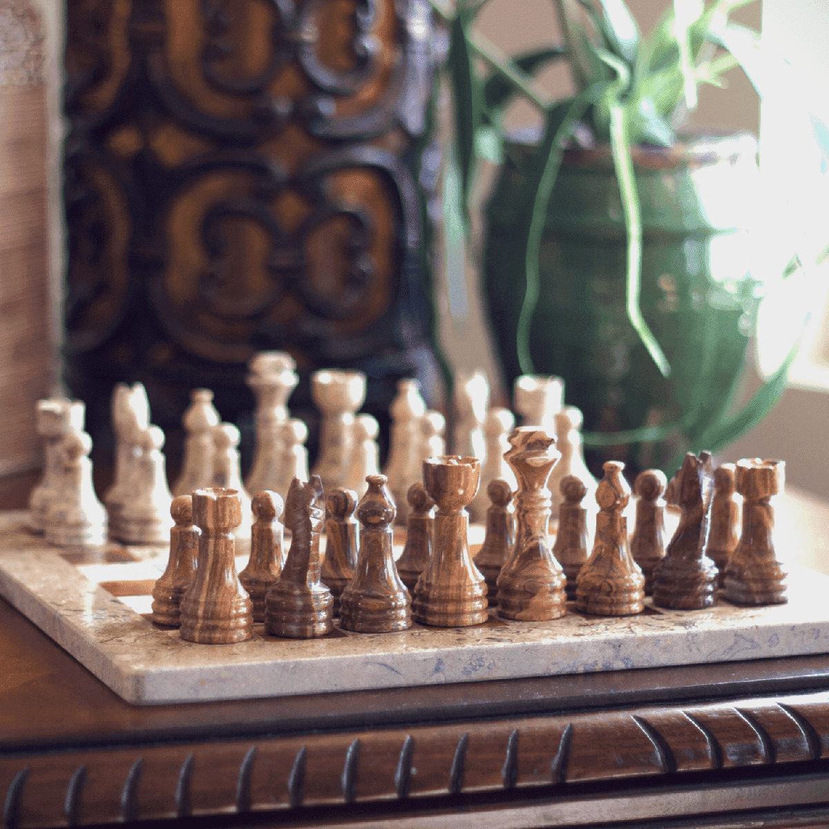 Marble Chess Set with Storage Case - Coffee and Brown