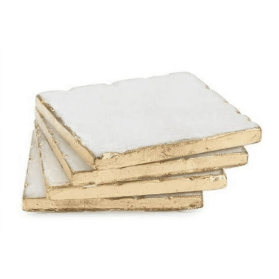Marble Coaster, White Marble Square Coaster with Gold Edge, Set of 4, Handmade Hammered Texture Edge, 4-inch