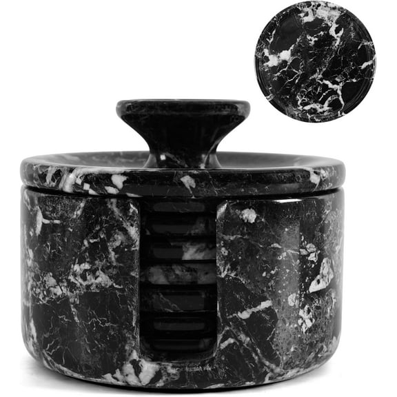 Marble Coasters Set of 6 for Drinks 3.5” Inches Oceanic Round Stone Drink Coaster Set with Holder & Lid, Ideal for Tabletop & Coffee Table Decor or Home Decor