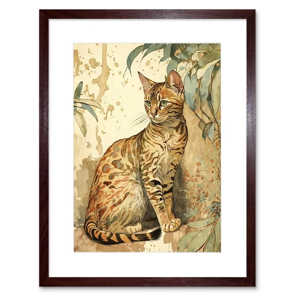 Marble Coat Bengal Cat Perched on Street Wall Watercolour Illustration Artwork Framed Wall Art Print 9X7 Inch